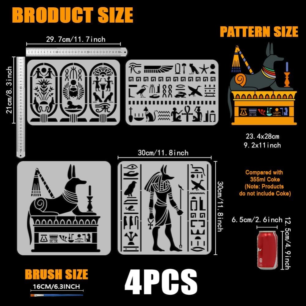 Paint Brush - 4-delige Egyptische symbolen stencil voor schilderen